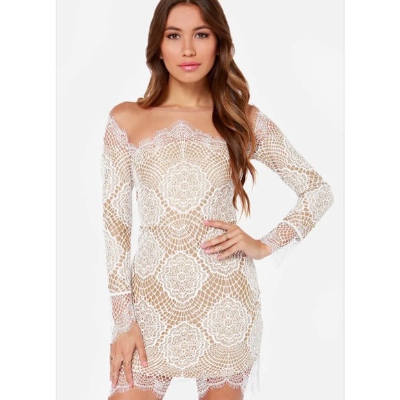 For Love & Lemons Dresses & Skirts - For Love & Lemons Grace Bridal Ivory Lace Mini Dress XS Nude Mesh Long Sleeve